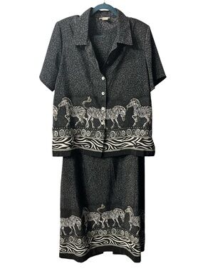 Blair Boutique Black & Gray Zebra Print Dress & Button Shirt Set Vintage Size Lg